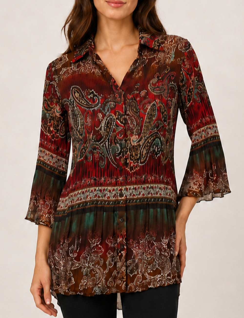 Signature by Larry Levine Blouse S Paisley Pleated Bell Sleeve Boho Y2K Tunic